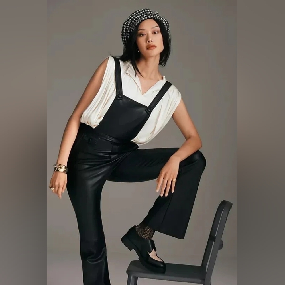 Anthropologie Maeve black faux leather overalls Sz 8